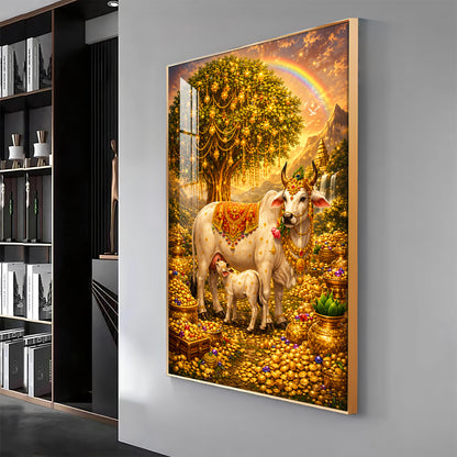 Golden Kamadhenu Wish-Fulfilling Cow Premium Acrylic Vertical Wall Art