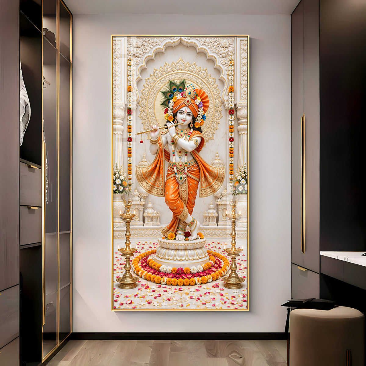 Shri Krishna In Orange Poshak Premium Acrylic Vertical Wall Art