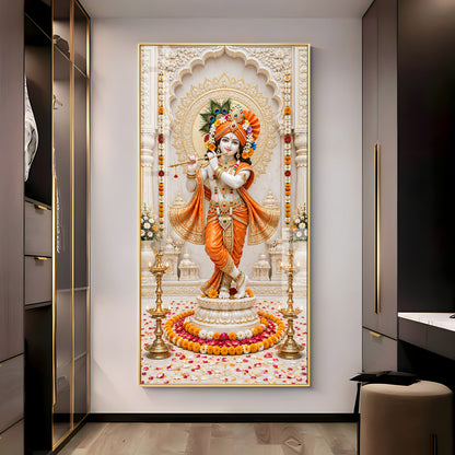 Shri Krishna In Orange Poshak Premium Acrylic Vertical Wall Art