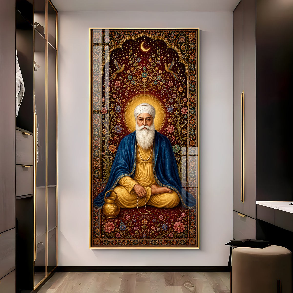Guru Nanak Dev Ji Seated Meditation Blue Shawl Premium Acrylic Vertical Wall Art