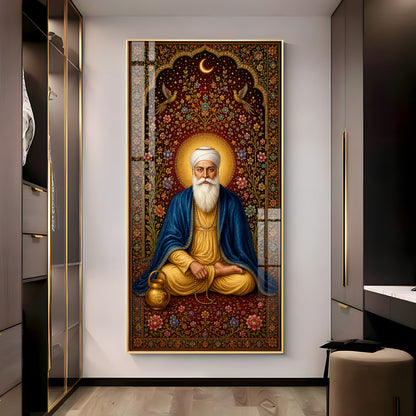 Guru Nanak Dev Ji Seated Meditation Blue Shawl Premium Acrylic Vertical Wall Art