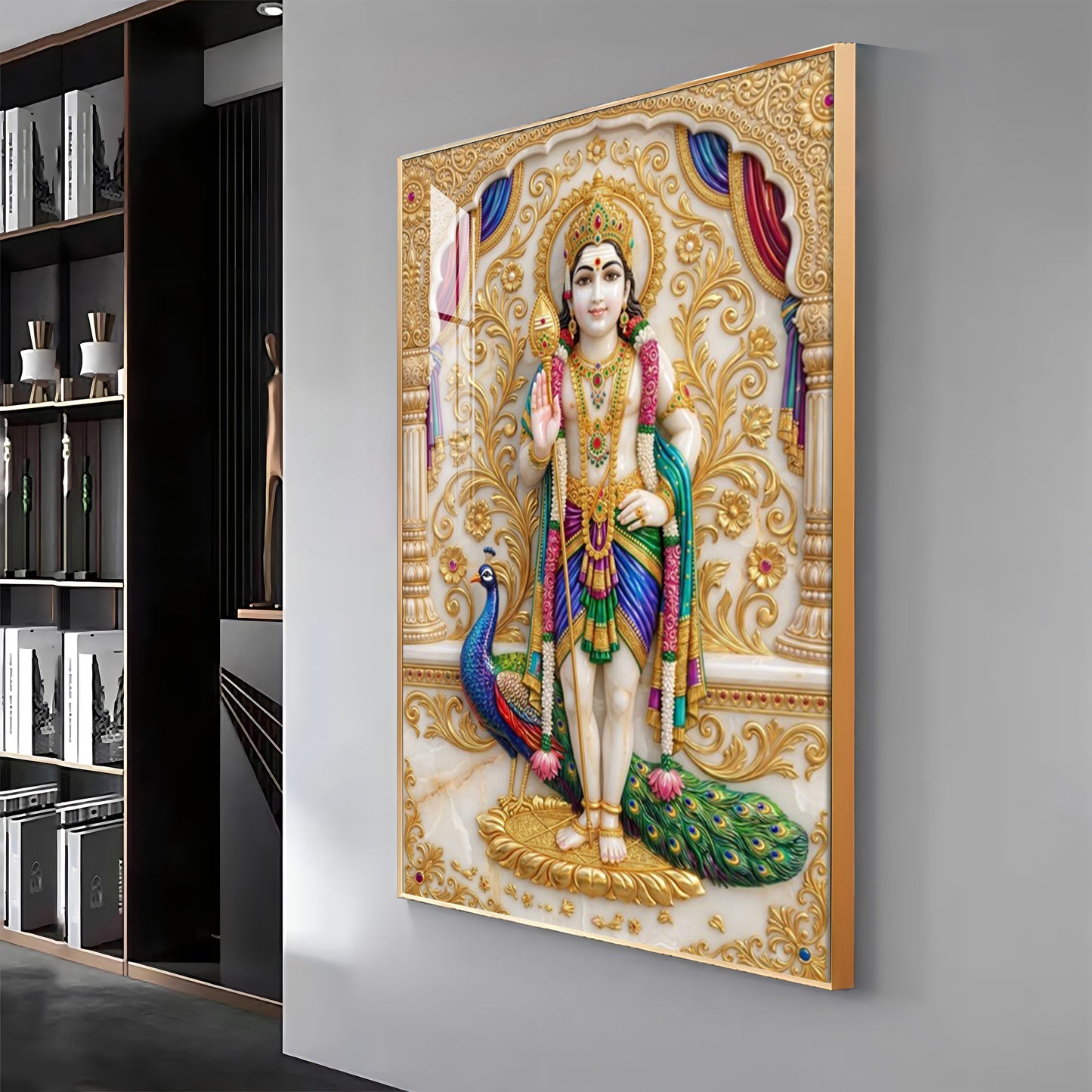 Lord Murugan With Peacock Premium Acrylic Vertical Wall Art