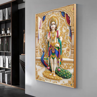 Lord Murugan With Peacock Premium Acrylic Vertical Wall Art