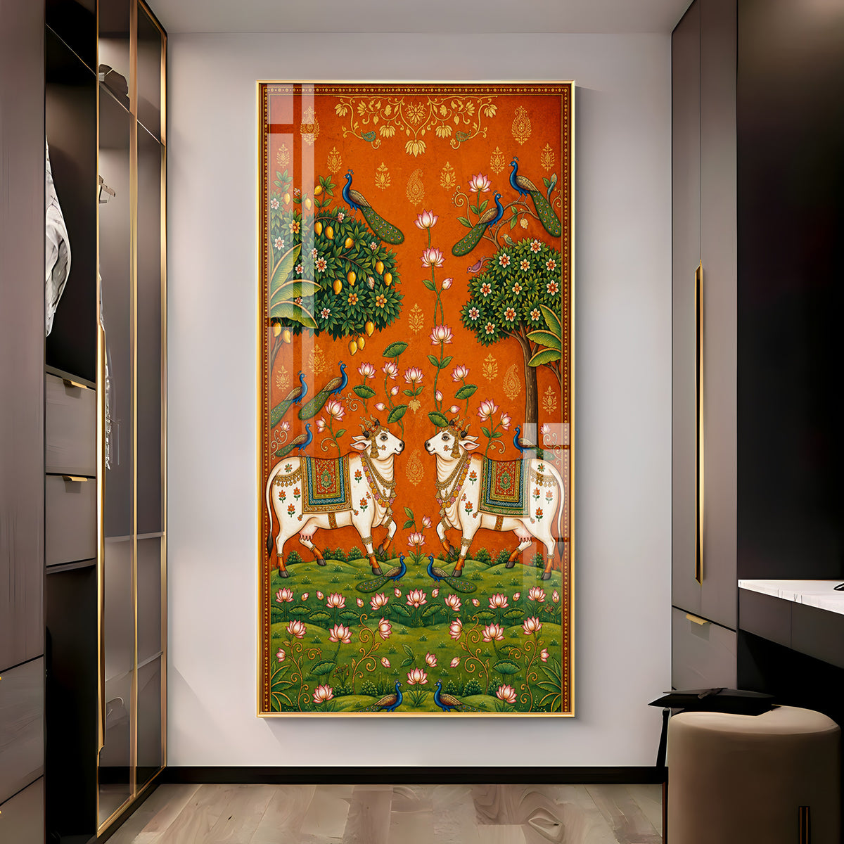 Traditional Pichwai Sacred Cows & Peacocks Premium Acrylic Vertical Wall Art
