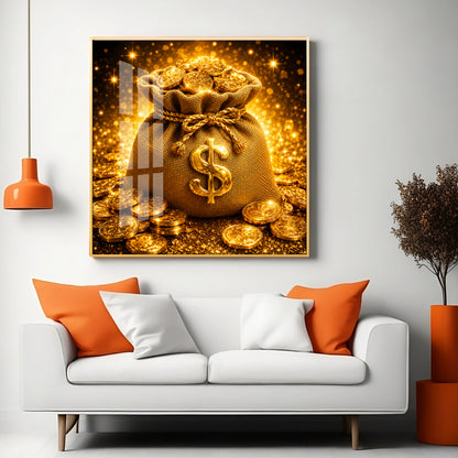 Golden Money Bag Premium Acrylic Square Wall Art