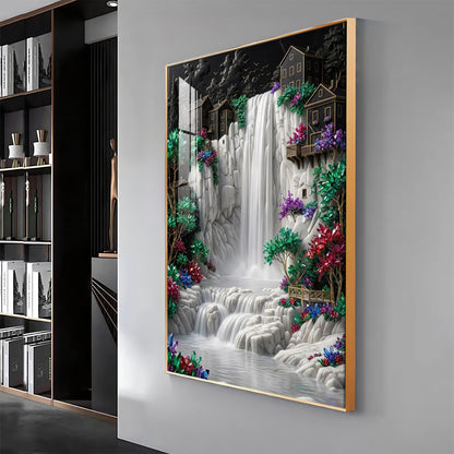 Waterfall Surrounded By Houses Premium Acrylic Vertical Wall Art