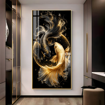 Yin Yang Golden & Black Koi Fish Premium Acrylic Vertical Wall Art