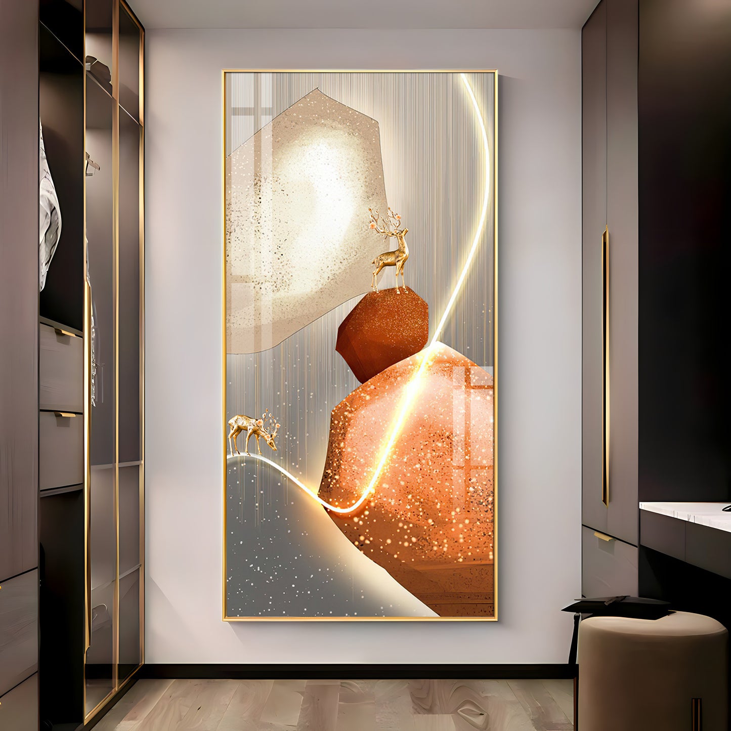Golden Deer With Orange Rock Premium Acrylic Vertical Wall Art