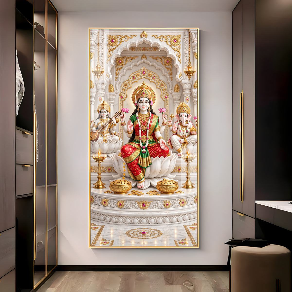 Divine Maa Saraswati, Laxmi & Lord Ganesh Ji Premium Acrylic Vertical Wall Art