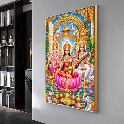 Divine Goddess Lakshmi, Lord Ganesha and Goddess Saraswati Premium Acrylic Vertical Wall Art