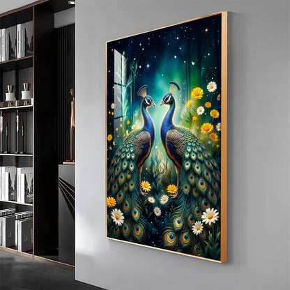 Two Peacocks With Flowers Premium Acrylic Vertical Wall Art