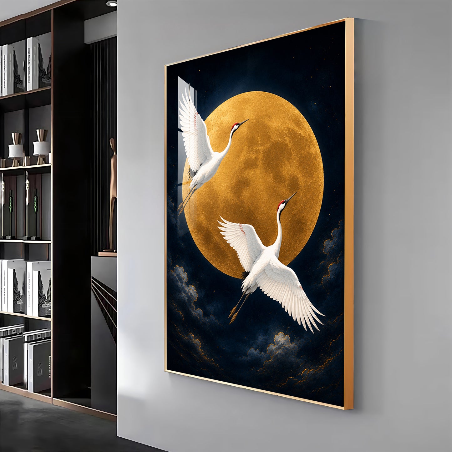 Golden Full Moon & Flying Cranes Premium Acrylic Vertical Wall Art
