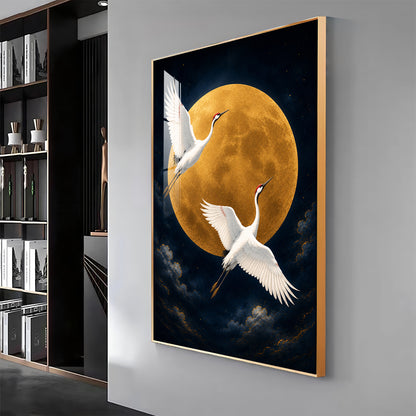 Golden Full Moon & Flying Cranes Premium Acrylic Vertical Wall Art