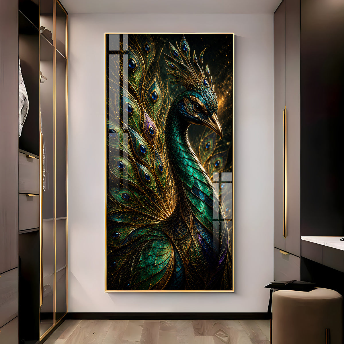 Majestic Jewel Toned Peacock Feather Premium Acrylic Vertical Wall Art