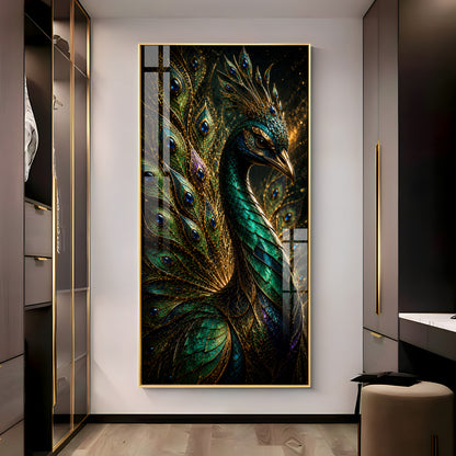 Majestic Jewel Toned Peacock Feather Premium Acrylic Vertical Wall Art