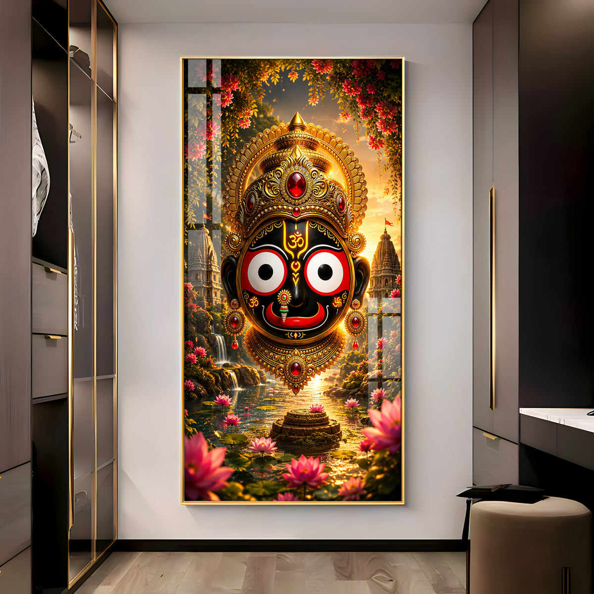 Lord Jagannath Puri Golden Crown Premium Acrylic Vertical Wall Art