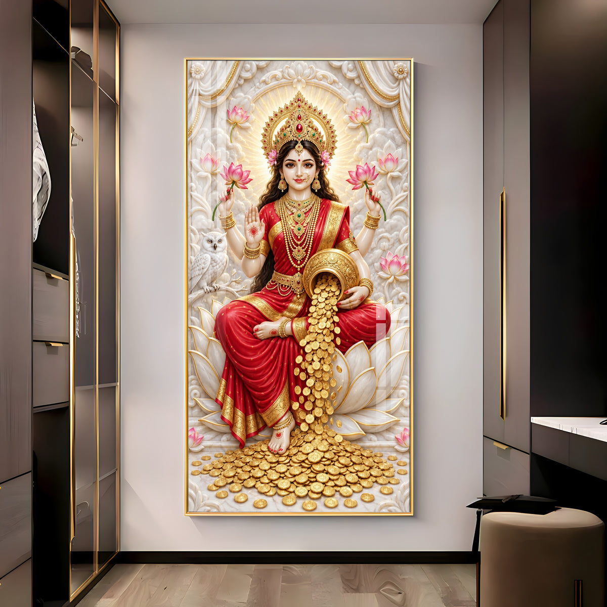 Goddess Laxmi With Gold Coins Premium Acrylic Vertical Wall Art