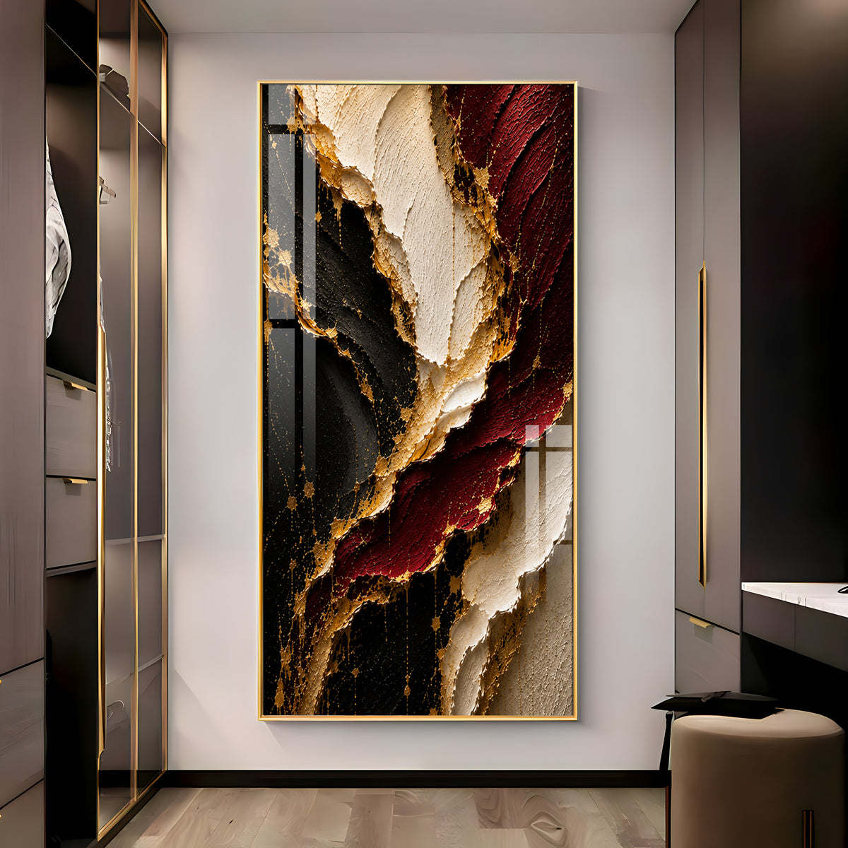 Luxurious Textured Abstract Maroon Black & Gold Premium Acrylic Vertical Wall Art
