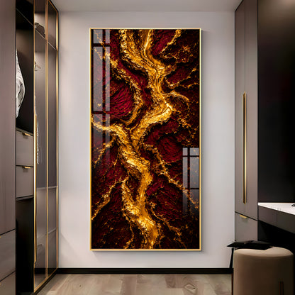 Striking Crimson & Gold Flowing River Premium Acrylic Vertical Wall Art