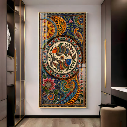 Traditional Folk Art Dual Fish & Floral Mandala Premium Acrylic Vertical Wall Art