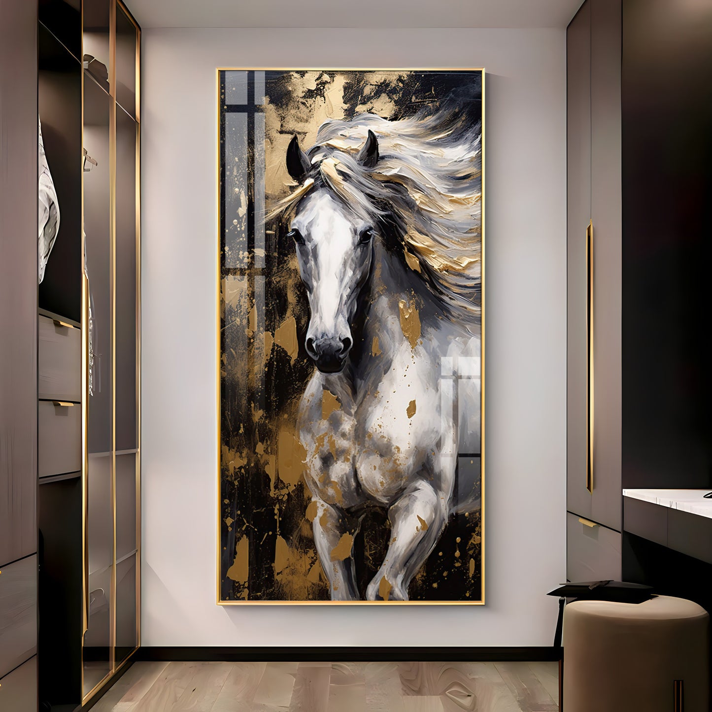 White Horse with Golden Gleam Premium Acrylic Vertical Wall Art