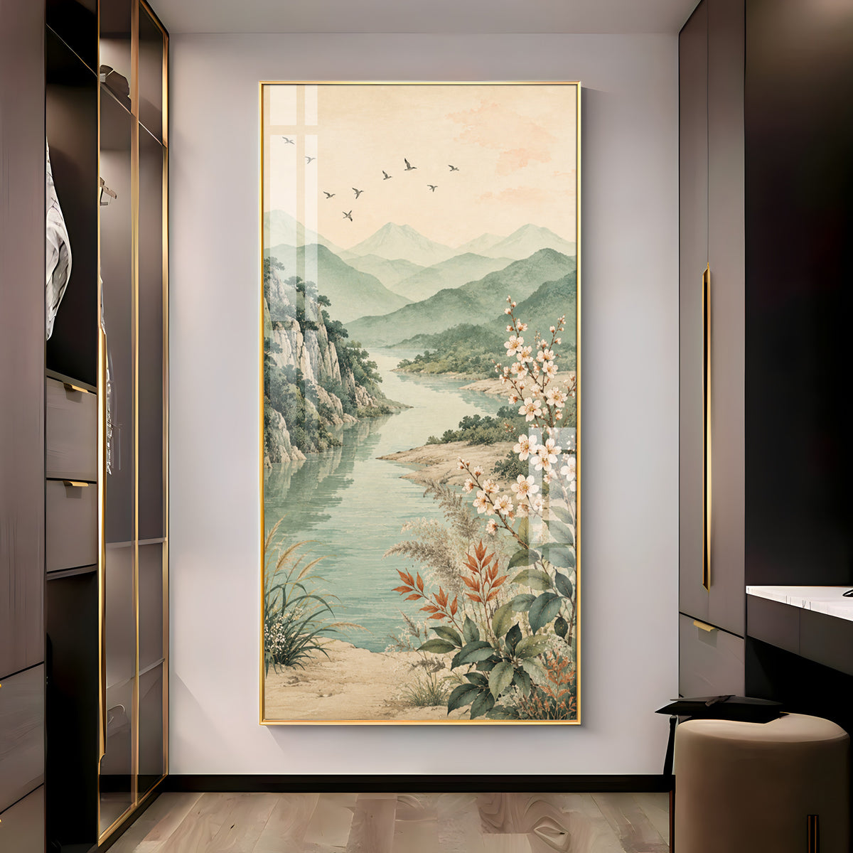 Serene Mountain Lake & Blossom Premium Acrylic Vertical Wall Art