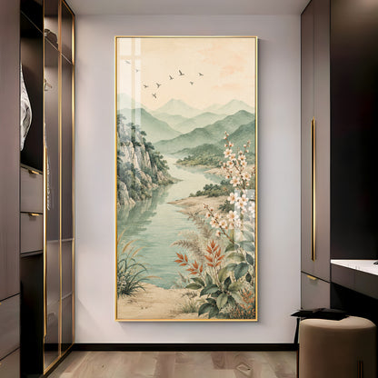 Serene Mountain Lake & Blossom Premium Acrylic Vertical Wall Art