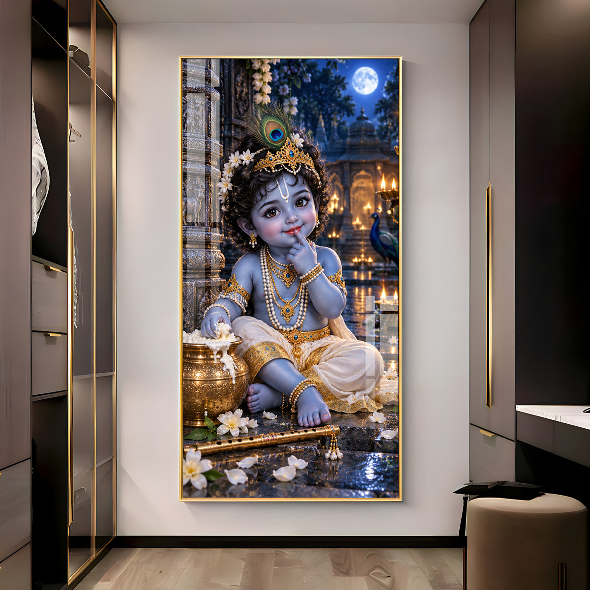 Little Krishna Eating Makhan Premium Acrylic Vertical Wall Art