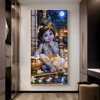 Little Krishna Eating Makhan Premium Acrylic Vertical Wall Art