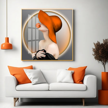 Modern Girl With Hat Premium Acrylic Square Wall Art