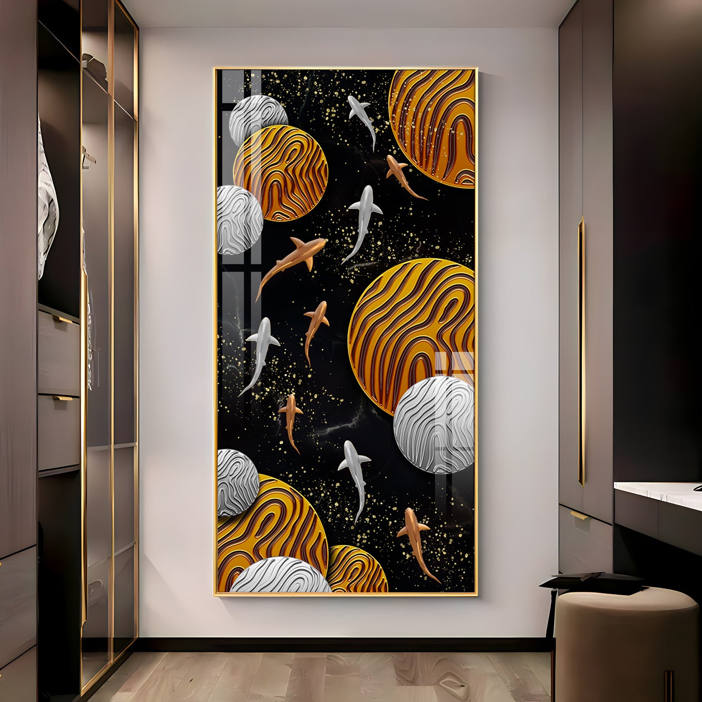 Circular Shapes With Fish Premium Acrylic Vertical Wall Art