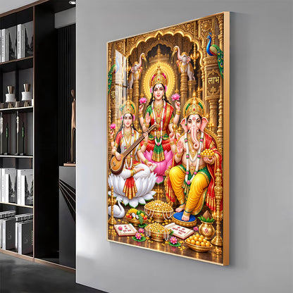 Maa Lakshmi, Ganesha and Saraswati Premium Acrylic Vertical Wall Art