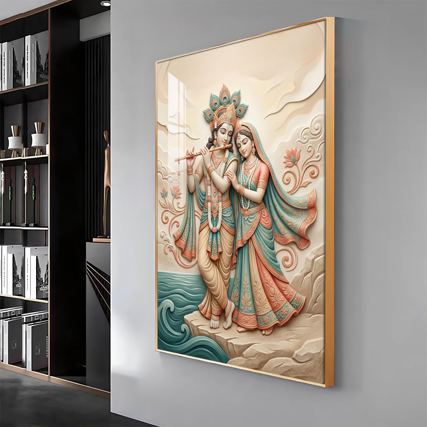 Radha Krishna Standing Together Premium Acrylic Vertical Wall Art