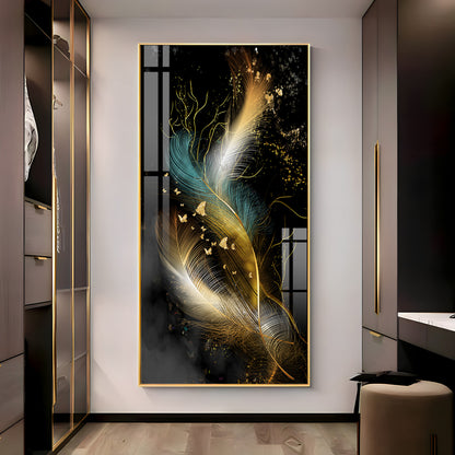 Abstract Golden & White Feathers Premium Acrylic Vertical Wall Art