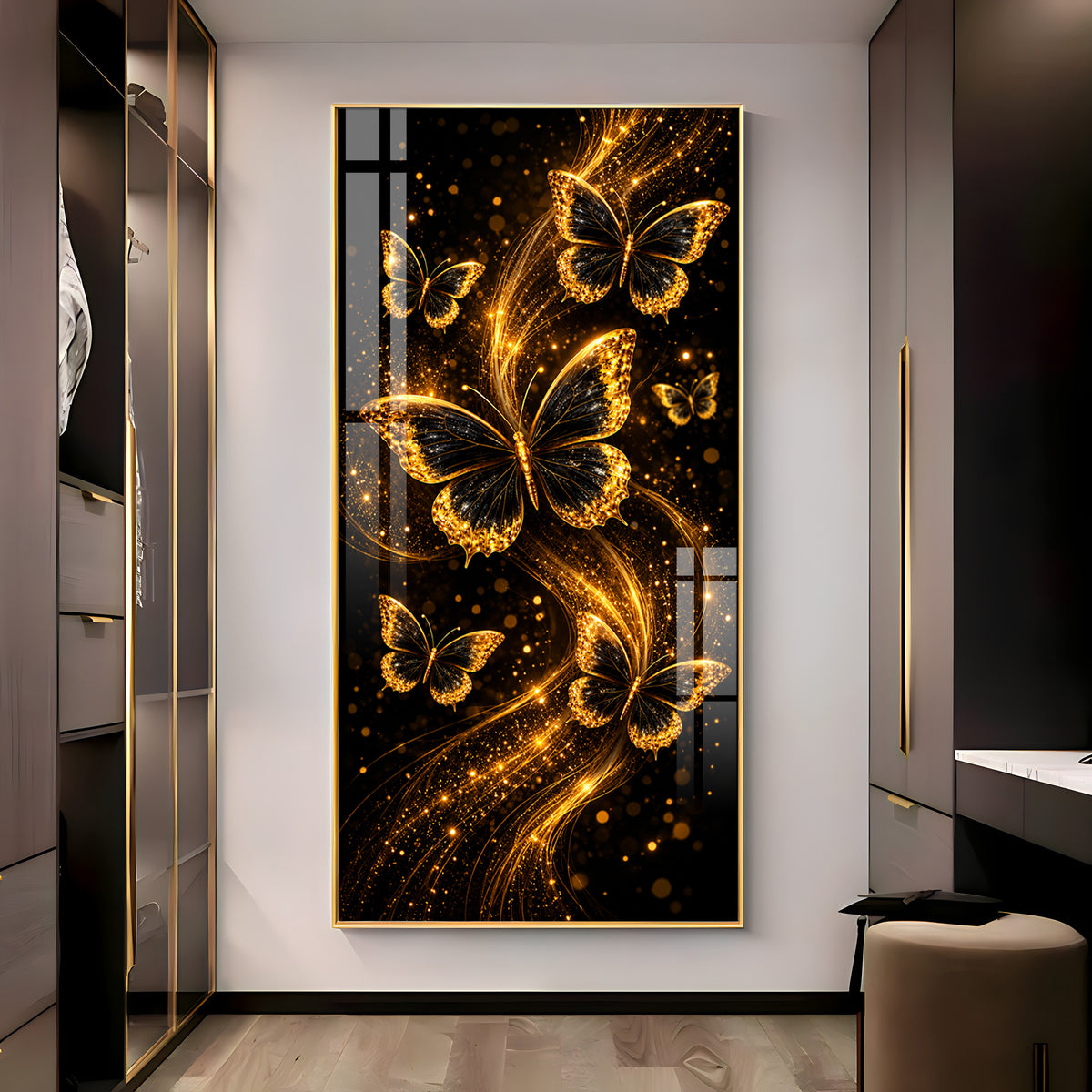 Elegant Golden Sparkle Butterflies Premium Acrylic Vertical Wall Art