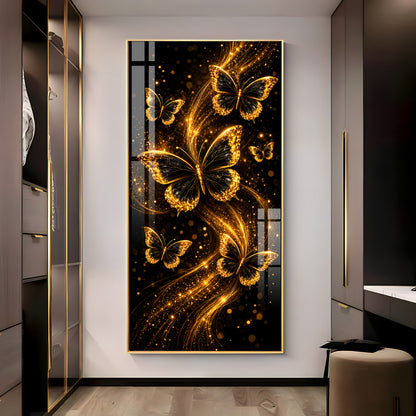 Elegant Golden Sparkle Butterflies Premium Acrylic Vertical Wall Art