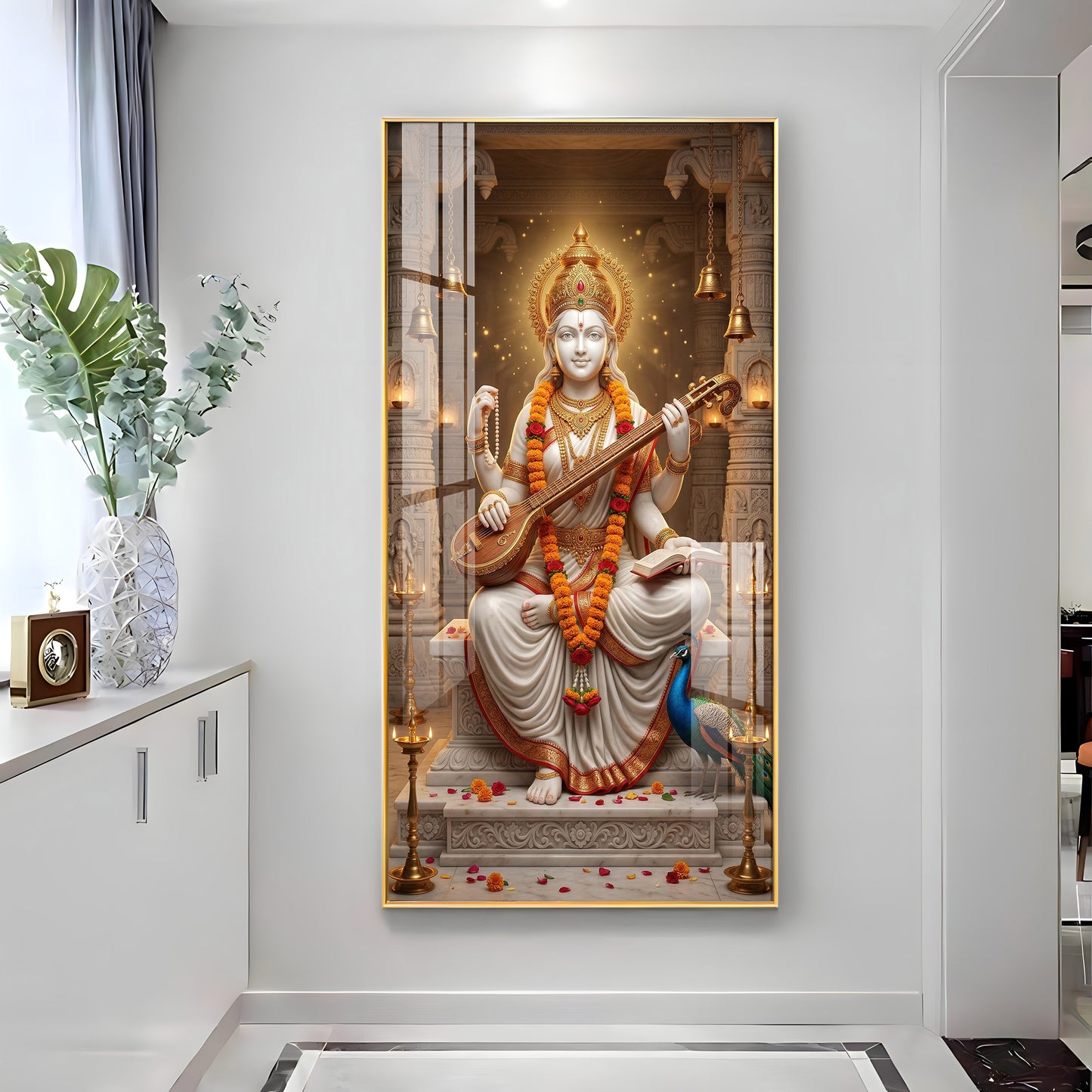Divine Harmony Of Saraswati Maa Premium Acrylic Vertical Wall Art