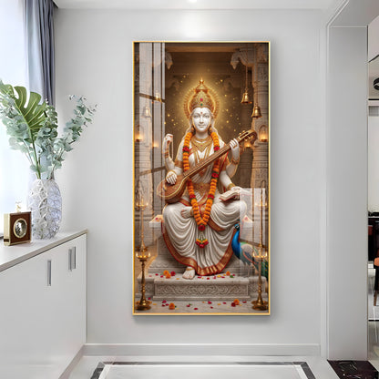 Divine Harmony Of Saraswati Maa Premium Acrylic Vertical Wall Art