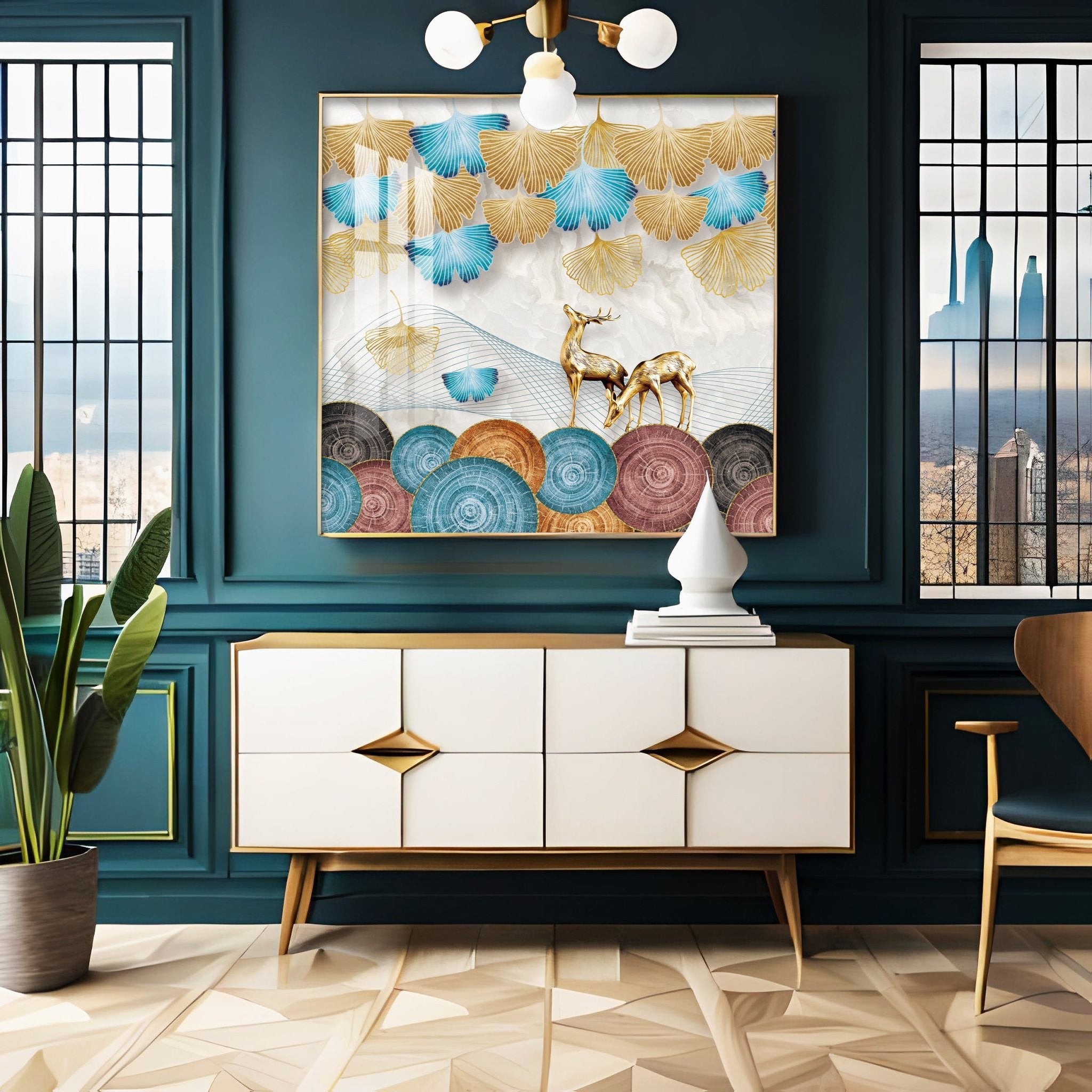 Golden Deer With Ginkgo Leaf Premium Acrylic Square Wall Art - The Next Decor