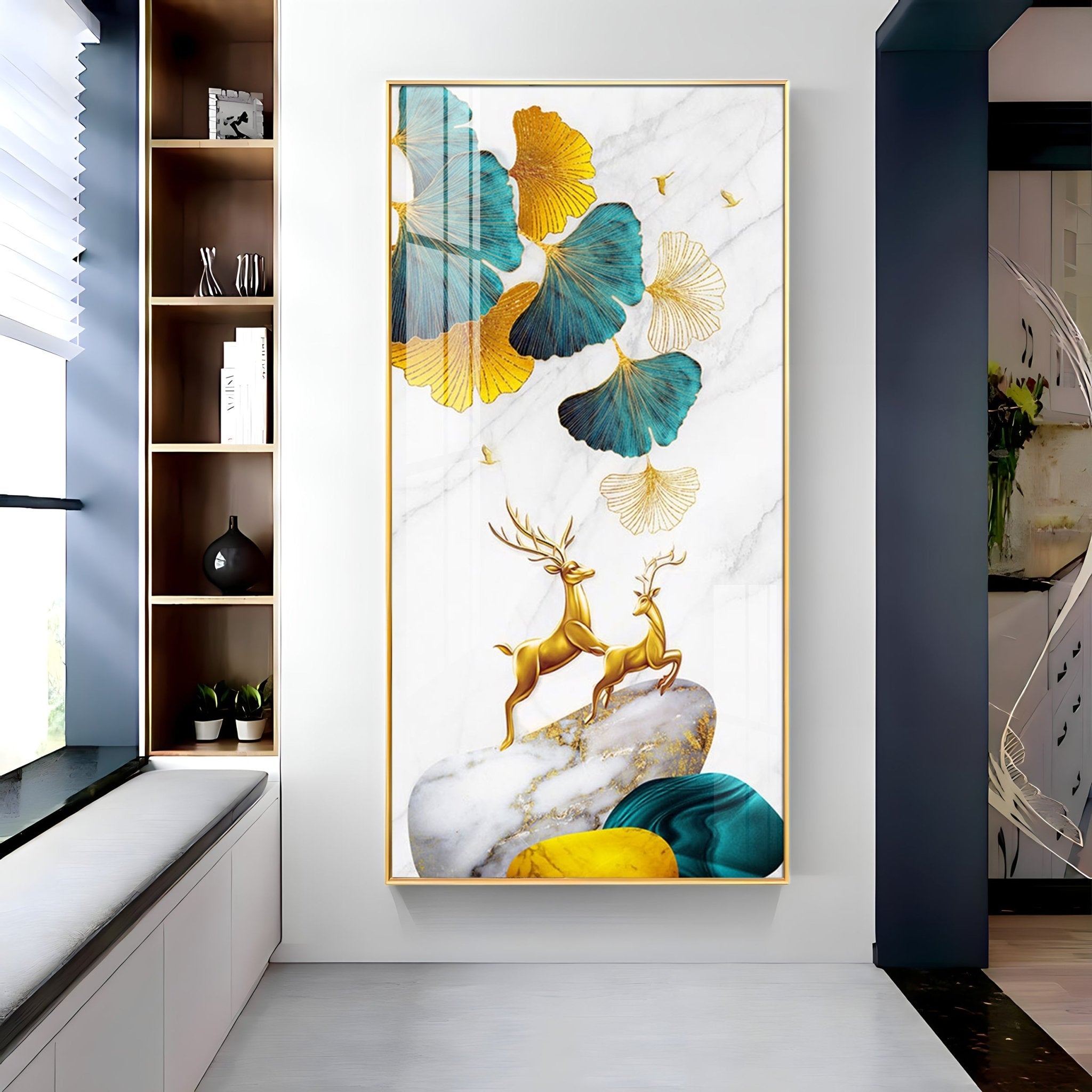 Golden Deers on Marble Stone Luxury Crystal Wall Art - The Next Decor