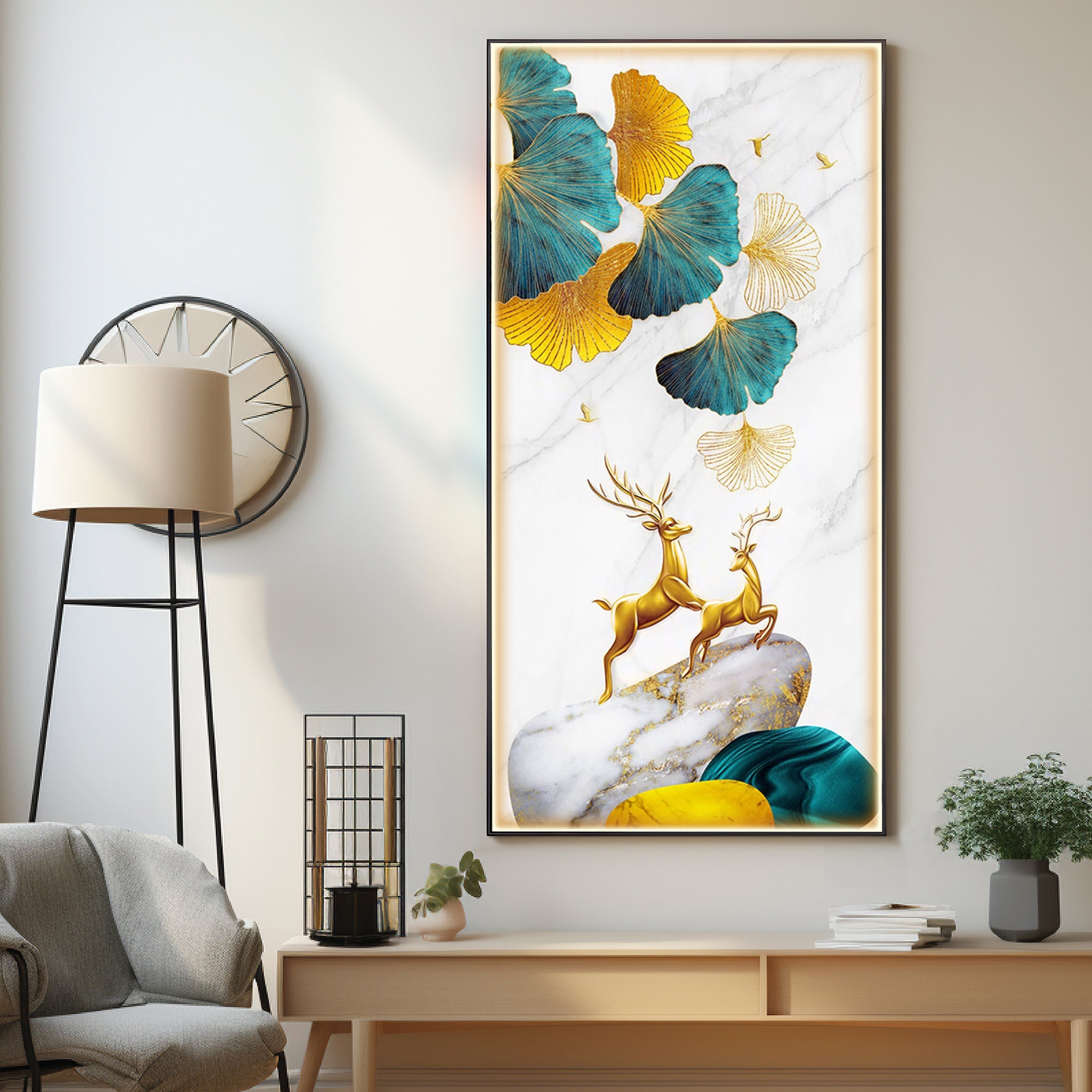 Golden Deers on Marble Stone Luxury Crystal Wall Art - The Next Decor