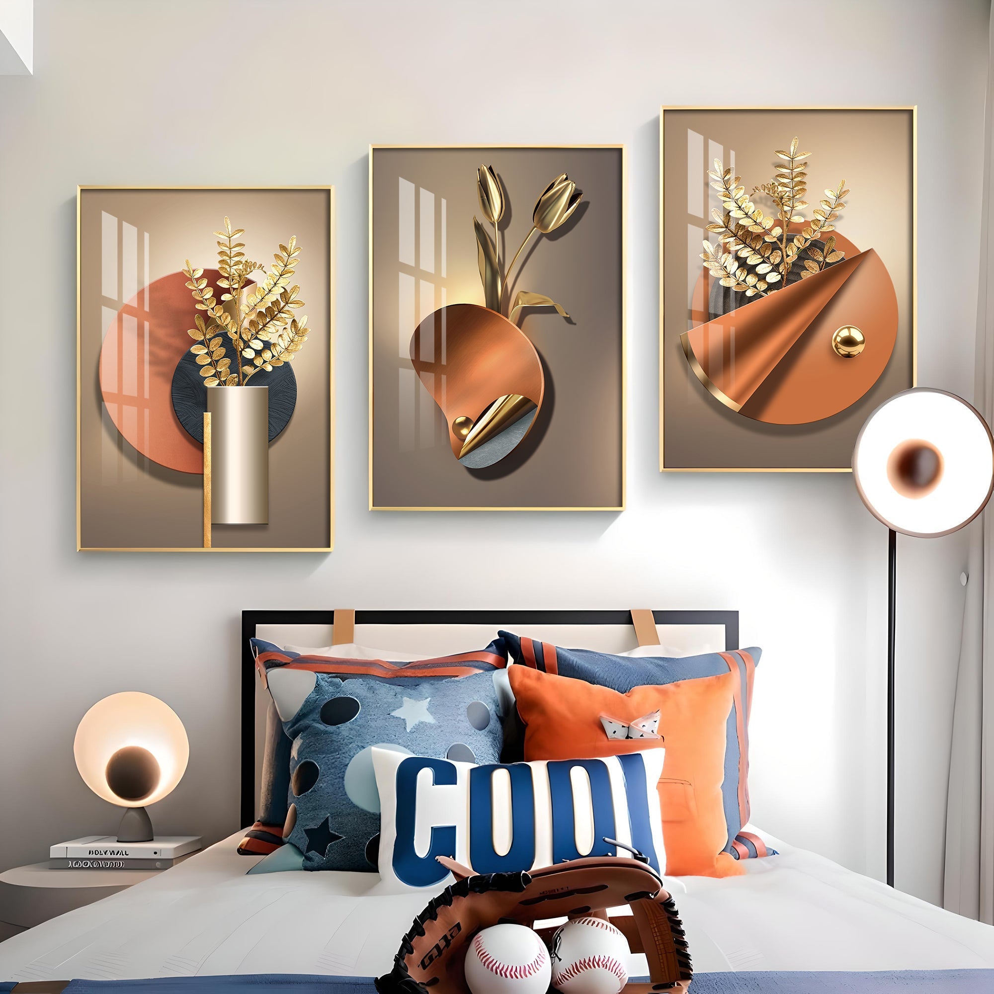 Golden Flower Triptych Premium Acrylic Wall Art (Set of 3) - The Next Decor