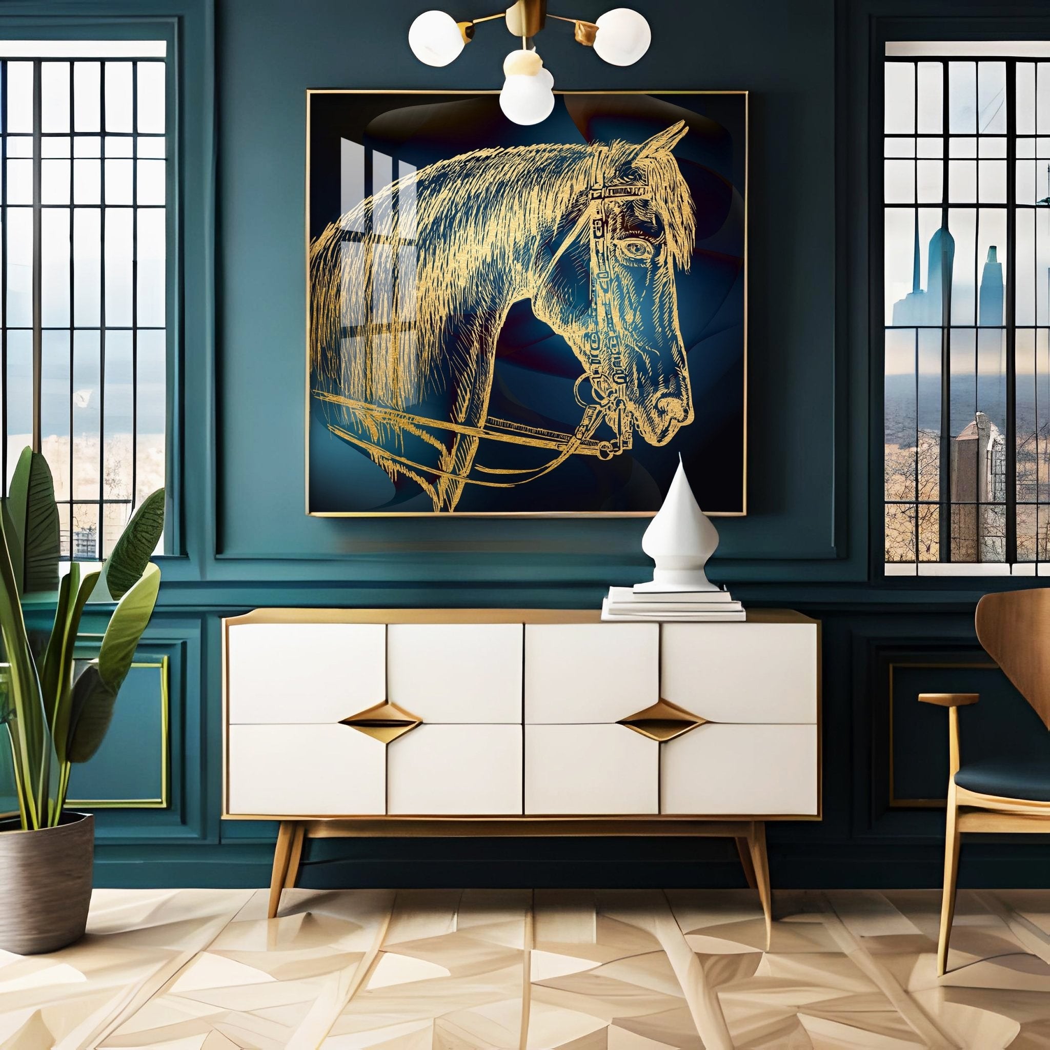 Golden Horse Head Premium Acrylic Square Wall Art - The Next Decor