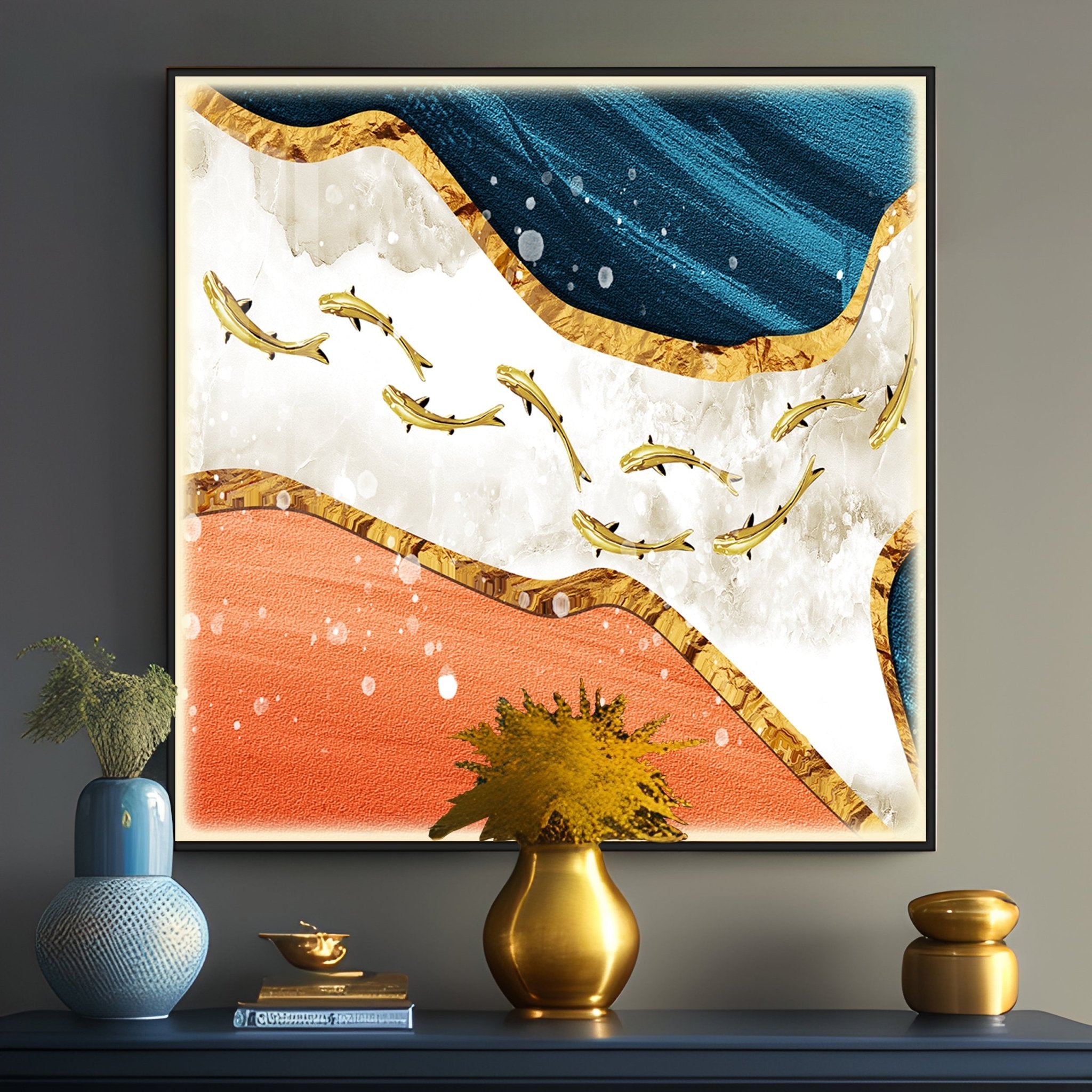 Golden Koi Fishes Swimming Luxury Crystal Square Wall Art - The Next Decor
