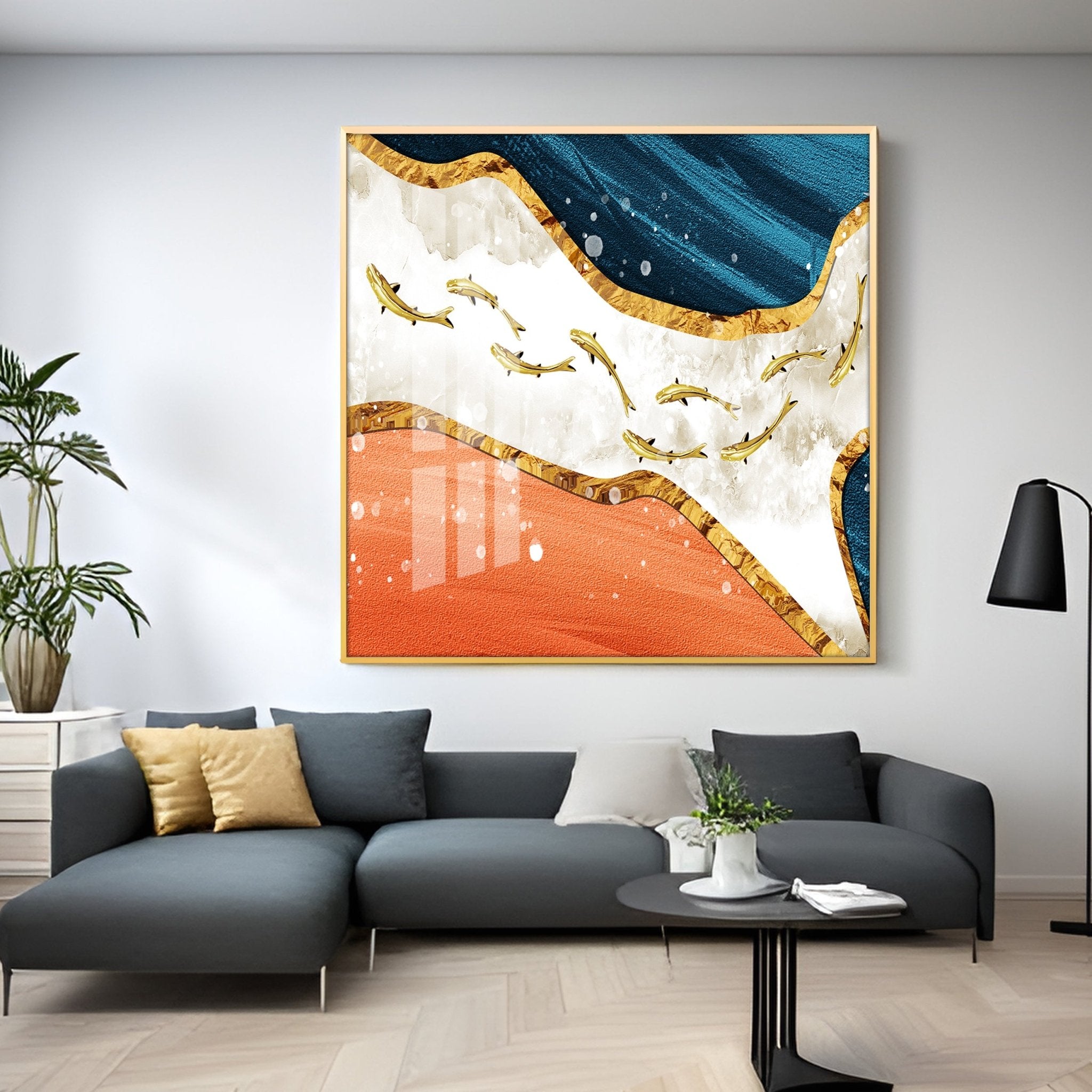 Golden Koi Fishes Swimming Luxury Crystal Square Wall Art - The Next Decor