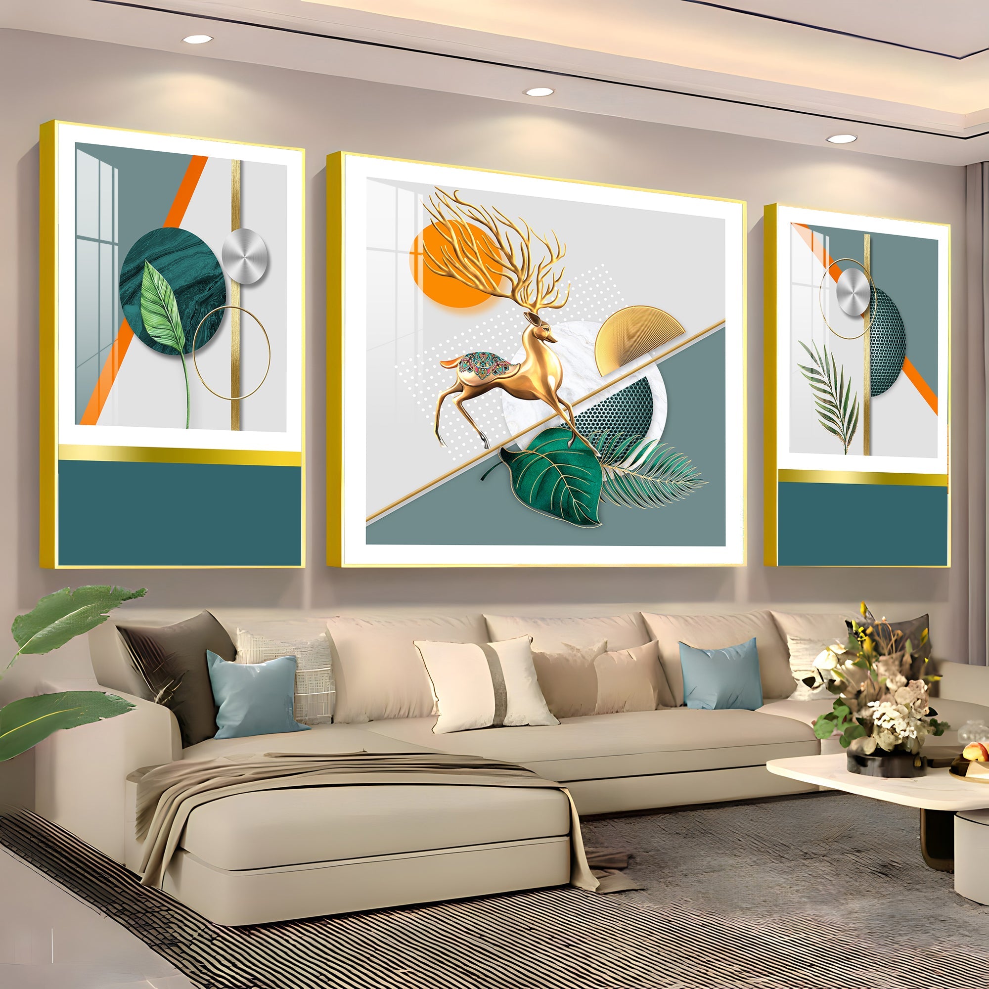 Golden Leaf With Deer Premium Acrylic Wall Art (Set of 3) - The Next Decor