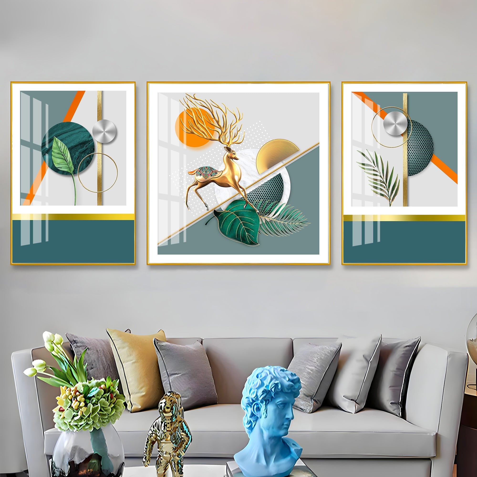 Golden Leaf With Deer Premium Acrylic Wall Art (Set of 3) - The Next Decor