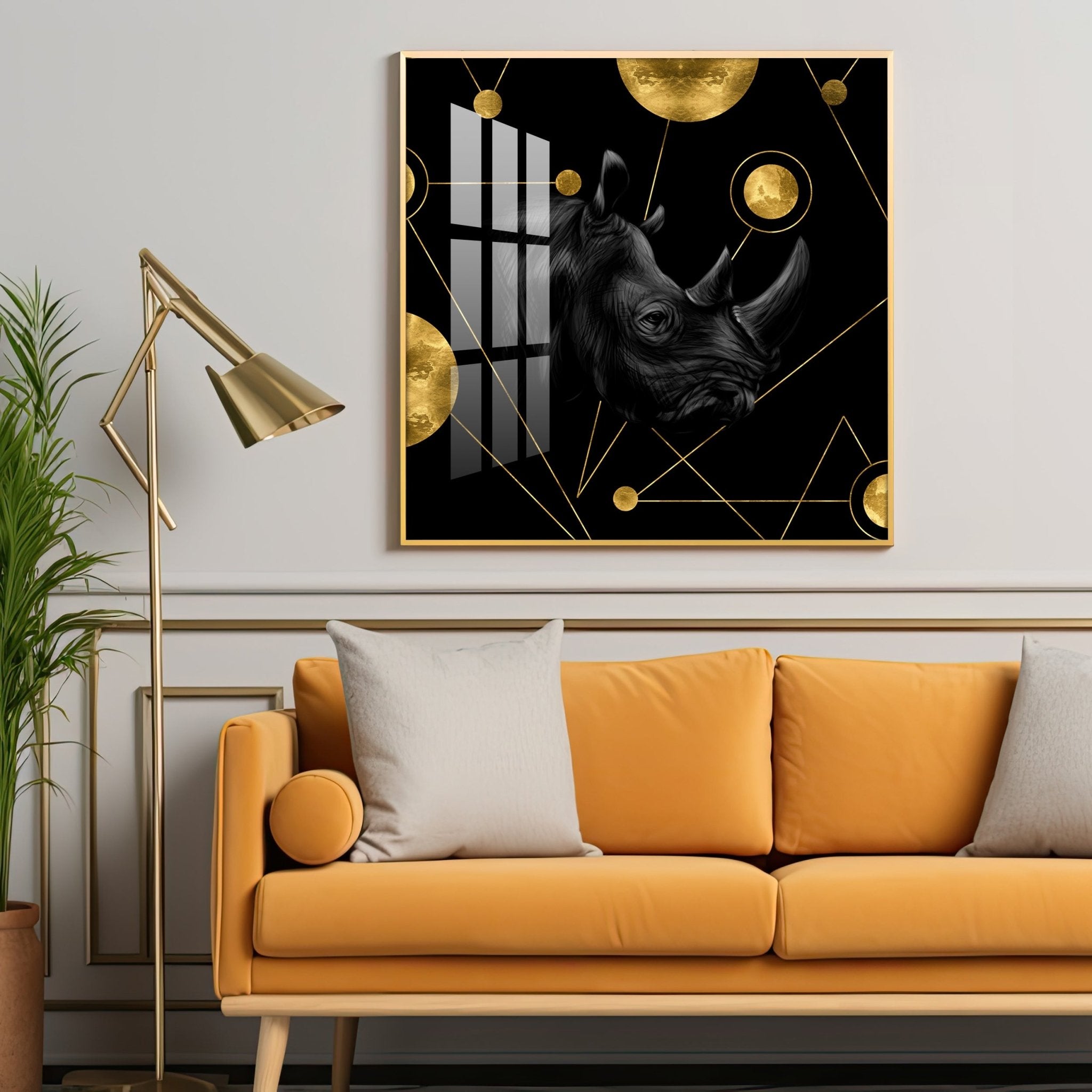 Golden Rhinoceros Luxury Art Premium Acrylic Square Wall Art - The Next Decor