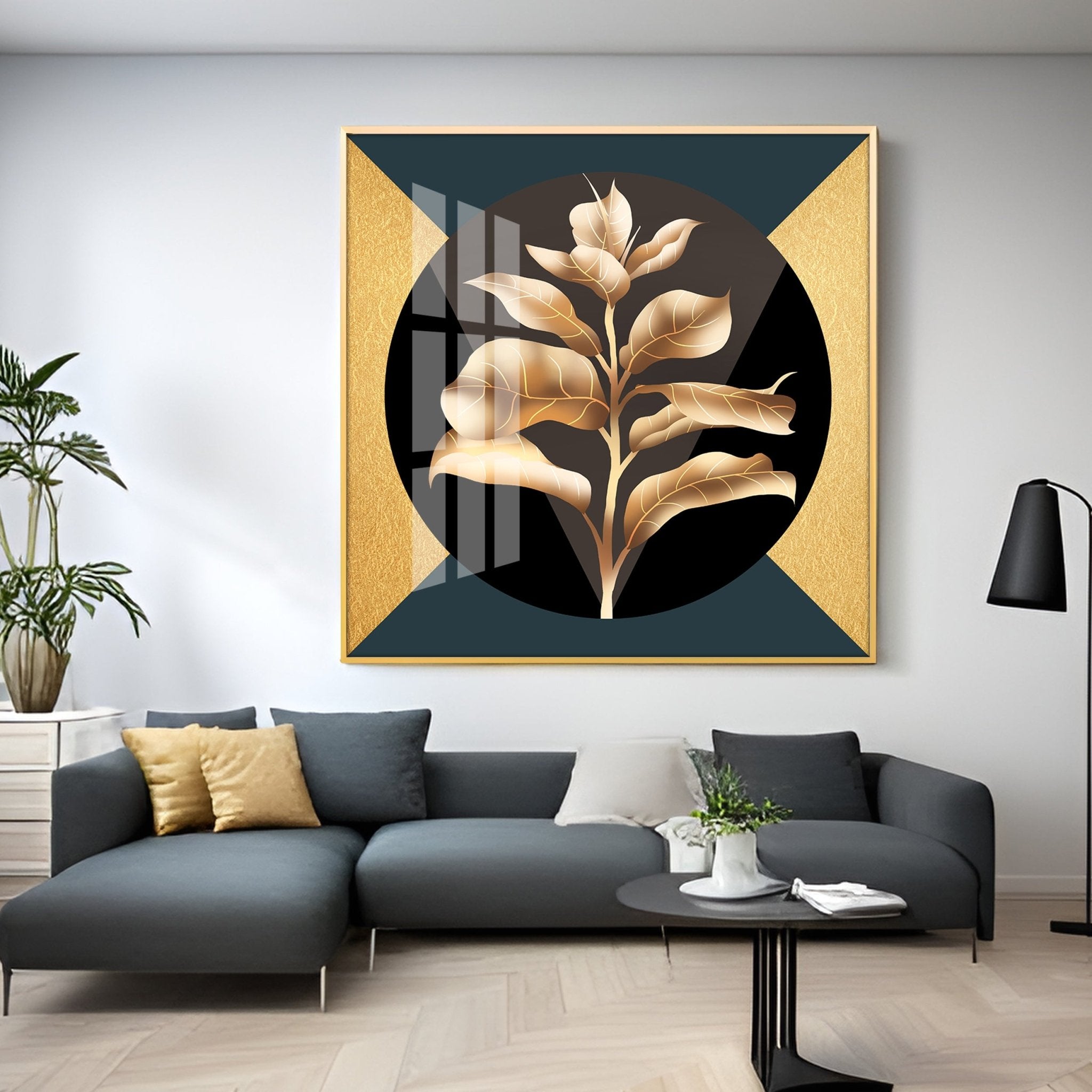 Golden Tropical Leaf Luxury Crystal Square Wall Art - The Next Decor