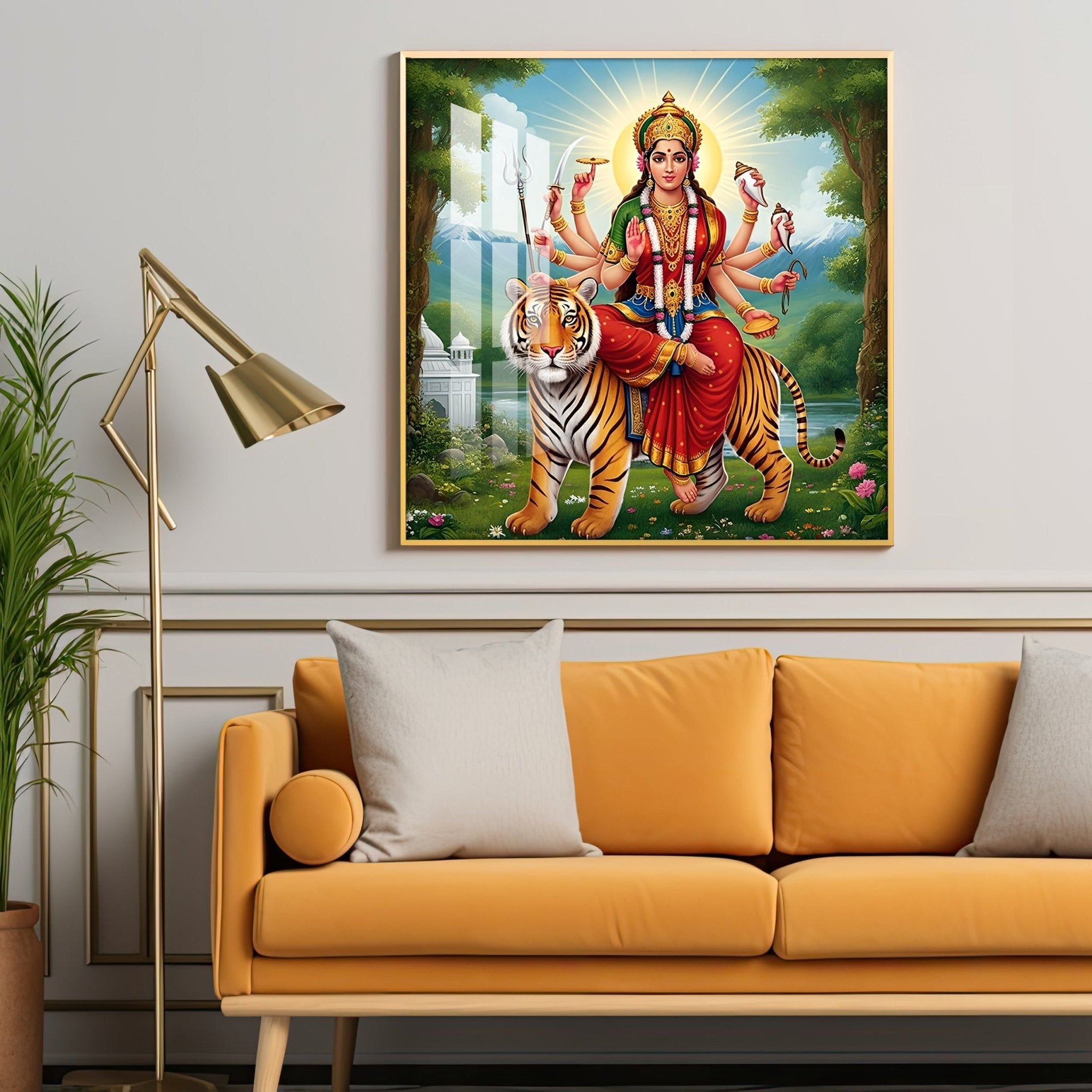 Hindu Goddess With Tiger Premium Acrylic Square Wall Art - The Next Decor